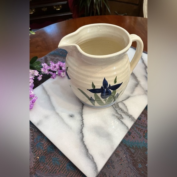 VTG Blue Iris Pottery Pitcher/Vase w Creamy Glaze on Large Ceramic Stoneware - Picture 2 of 13